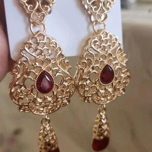 3 Piece 18k Gold Plated and Simulated Red Ruby Filigree Jewelry Set